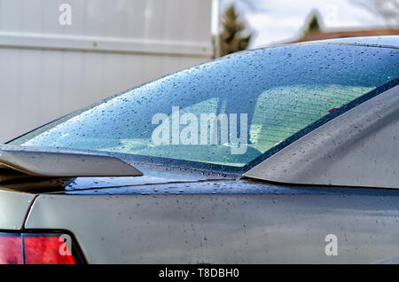 Gouttelettes minuscules gouttes d'eau/corps/coller à la vitre arrière d'une Ford Mustang GT Coupé, après un orage d'été. Banque D'Images