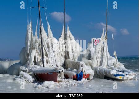 La Suisse, Canton de Vaud, Versoix, sur les rives du lac Léman, voiliers couvert de glace par temps très froid Banque D'Images
