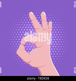 Les doigts croisés symbolique vecteur main palm mâle geste ok signe concept illustration vintage retro design affiche isolé sur fond pointillé violet Illustration de Vecteur