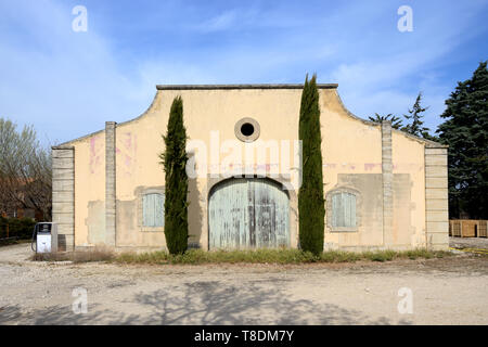 Vieille porte encadrée par deux Cyprès d'un ancien domaine viticole ou l'entrepôt près de Menerbes Luberon Provence France Banque D'Images