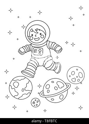 Coloriage Illustration d'un enfant, garçon ou fille, portant costume astronaute sauter de planète en planète Banque D'Images