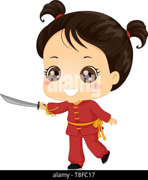 Illustration d'un enfant fille en uniforme et tenant une épée de Wushu Banque D'Images