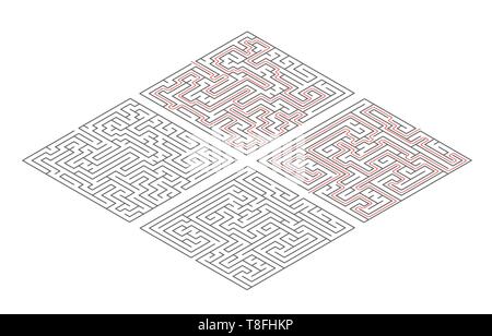 Deux différents labyrinthes de complexité moyenne en vue isométrique isolated on white et solution avec chemins rouge Illustration de Vecteur