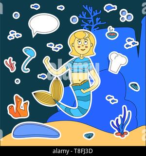 Autocollants cartoon mermaid cook. une louche, cuisinier, cap, bulle, de la plaque, de l'alimentation. Sirène de caractère, algues, poissons, coquillages. La vie sous-marine. Vector Illustration de Vecteur