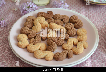 Tchèque traditionnel de la cannelle & cacao biscuits Esicka sur une plaque sur une table en bois avec un vieux-fashionned tasse de thé et de fleurs lilas. Banque D'Images