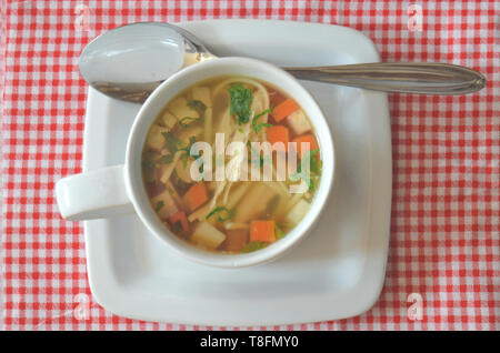 Tchèque traditionnelle soupe au poulet avec le bouillon de poulet, nouilles faites maison, carottes, céleri-rave, racine de persil, viande de poulet et de persil frais haché - dans un whi Banque D'Images