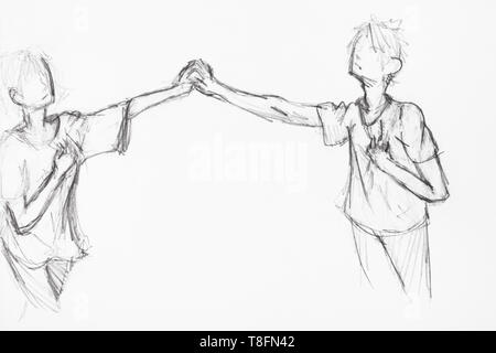 Croquis du couple holding hands, dessinées par crayon noir sur papier blanc Banque D'Images