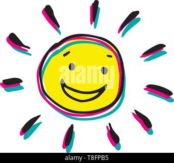Happy smiling coloré vecteur soleil en style enfantin. La main créative illustration. Illustration de Vecteur
