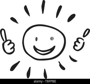 Dessin à la main en noir et blanc d'un soleil avec deux pouces vers le haut. Illustration de Vecteur