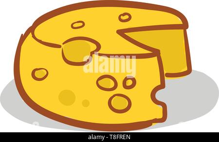 Morsure de la souris sur le grand bloc de fromage jaune ronde set isolé sur fond blanc, Scénario, dessin en couleur ou d'illustration. Illustration de Vecteur