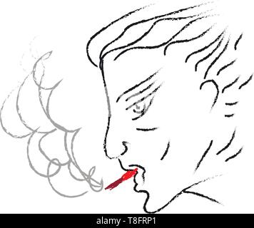 Lineart d'un homme de fumer du tabac dans sa bouche rouge set isolé sur fond blanc vu de côté, Scénario, dessin en couleur ou d'illustration. Illustration de Vecteur