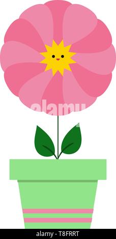 Caricature photo de la belle en rose tournesol a un mignon petit jaune en pot-face dans un pot de fleurs vert avec deux feuilles vertes en forme d'ovale, Illustration de Vecteur