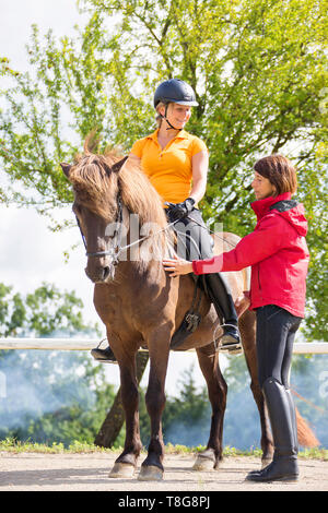 Cheval islandais. Un professeur d'équitation donne des leçons d'une fille, la formation de la position du siège correct. L'Autriche Banque D'Images