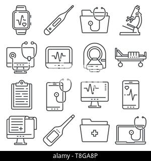 Ligne Medical icons set sur fond blanc. Thermomètre numérique, microscope, MRT, rapport et plus Illustration de Vecteur