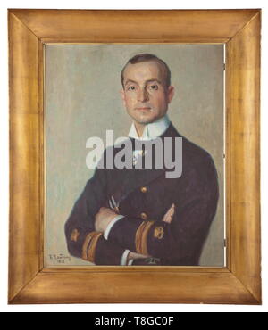 Une peinture à l'huile et d'un président d'honneur - Otto Weddigen (1882 - 1915) de l'environnement personnel du commandant de U-boat 9 Huile sur bois, signée en bas à gauche 'Fr. Réutilisation de 1915" (Fritz Réutilisation, 1874 - 1957). Portrait de mi-longueur du gagnant de la médaille Pour le Mérite (remis le 24 octobre 1914) avec l'uniforme de la marine et les bras croisés. Derrière une vitre, dans un vieux cadre doré, sur l'envers de l'étiquette du fabricant "Hugo Harnisch, Hamburg'. Dimensions de la peinture environ 58 x 74 cm, dimensions du cadre 80 x 94 cm environ. Est-Clearance-Info Additional-Rights, wit-Not-Available Banque D'Images