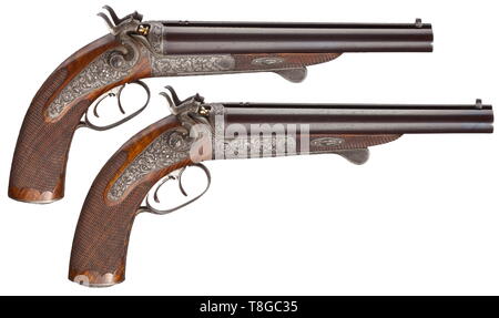 Une paire de pistolets d'un marteau à double branche, dans leur cas, Ferdinand Reuss à Mehlis vers 1880/90. Lumineux, canons rayés à 16,8 mm. Barils bruni et usiné nervure avec deux sites arrière rabattable chacun. Sur la face supérieure des deux barils de l'or incrusté signature et marqué 'BESTELLT C. NICOLAS DE HARDINN'. T-lock, double ensemble de triggers. Des marteaux, des platines, montage avec gravé, gravure profonde, une vigne. Attaquer avec quadrillage fin. Vient avec stock amovible faites de grains de bois finement la racine d'une salle de montage en fer gravé. Additional-Rights Clearance-Info-Pist,-Not-Available Banque D'Images