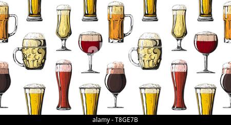 Modèle sans couture avec différents verres de bière, café, différentes de la bière. Vector illustration d'un croquis de style. Illustration de Vecteur