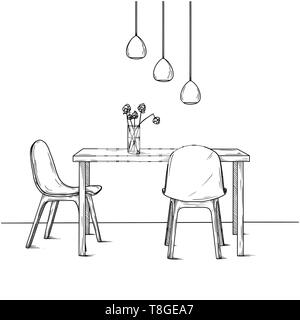 Une partie de la salle à manger. Sur la table vase de fleurs. Accrocher les lampes au-dessus de la table. Croquis dessinés à la main.Vector illustration. Illustration de Vecteur