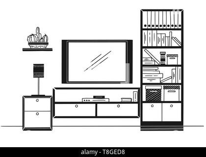 Croquis dessinés à la main. Dessin linéaire de l'intérieur. Une bibliothèque, une commode avec une télévision et des étagères. Vector illustration Illustration de Vecteur