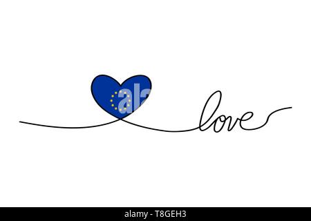 L'amour avec des coeurs à tracé continu des lignes dans un style plat continu en dessin de lignes et drapeau de l'Union européenne. Ligne noire continue. Le travail de Illustration de Vecteur