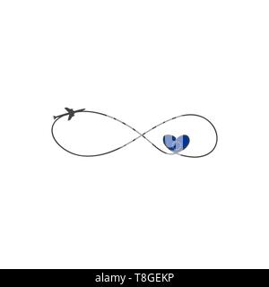 Avion et sa piste comme un signe de l'infini et du coeur et de l'Union européenne drapeau sur fond blanc. Vector illustration. Chemin de vol de l'aéronef et de ses Illustration de Vecteur