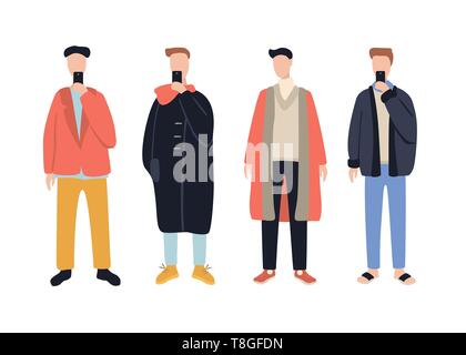 Groupe de caractères de dessin animé élégant homme portant des vêtements décontractés chanter directe isolé sur fond blanc Illustration de Vecteur