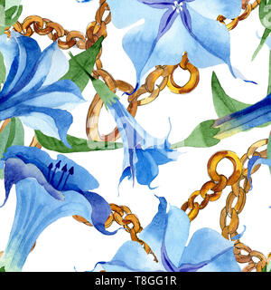 Brugmansia bleu fleurs botanique floral. Contexte aquarelle illustration set. Motif de fond transparent. Banque D'Images