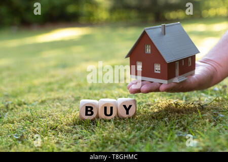Concept pour l'achat d'une maison. Une main tient une maison modèle au-dessus d'une prairie. Dés forment le mot "acheter". Banque D'Images