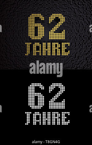 Nombre d'or allemand soixante-deux ans (62 ans) Nombre de polices en pointillés, vue du dessus, avec un zéro et un arrière-plan. Avec canal alpha. 3D illustration Banque D'Images