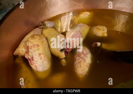 La France, l'Aveyron, Monteils, La Ferme de Carles, Jacques Carles, la cuisson au feu de bois dans les chaudrons de cuivre, le cou de canard fourré au foie gras Banque D'Images