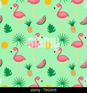 Télévision avec motif transparent vector cartoon flamingo, fruits tropicaux et de feuilles de palmier Illustration de Vecteur