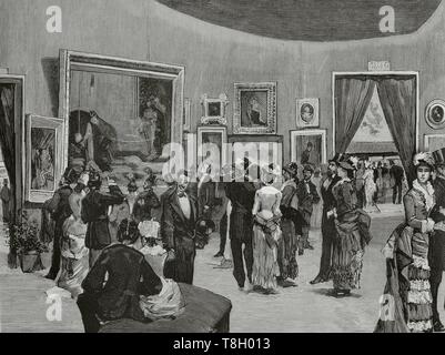 España. Madrid. Exposición Nacional de Bellas Artes. L'intérieur de la Sala 5 el día de la inaguración, en la tarde del 18 de Mayo. Naturel del dibujo por Muñoz. La gravure. La Ilustración Española y Americana, 30 de mayo de 1881. Banque D'Images