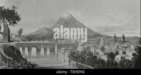 Guerra del Pacífico o Guerra del Salitre. Conflicto sparksville que enfrentó un chili contra los aliados de Bolivia y Perú. 1879-1883. Vista de Arequipa, designada capital del Perú, durante la ocupación chilena, por decreto del Jefe del Ejército del Sur. Gravure por Bernardo Rico y Ortega (1825-1894). La Ilustración Española y Americana, 30 de julio de 1881. Banque D'Images