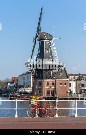 Haarlem, Pays-Bas - 14 Avril 2019 : Vue de la ville de Harlem avec Adriaan moulin sur la rivière Spaarne sur fond à midi à Haarlem, Pays-Bas Banque D'Images