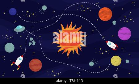 Arrière-plan de l'espace avec les planètes, les étoiles, des vaisseaux spatiaux, tournant autour de soleil en cartoon style pour votre conception Illustration de Vecteur