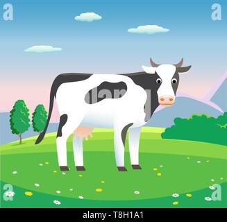 Paysage rural avec vache dans un pré, vector background illustration - pour les produits laitiers Illustration de Vecteur