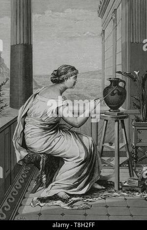 Antigua Grecia. Joven griega pintando vaso de l'ONU. Gravure por Vela y dibujo por Cha a partir de un cuadro de G. Hernández Amores. La Ilustración Española y Americana, 8 de diciembre de 1881. Banque D'Images