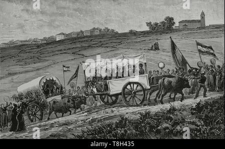 España. Viaje de SS. MM. Alfonso XII (1857-1885), su segunda esposa María Cristina de l'Autriche (1858-1929) y SS. AA. las Infantas, a la costa cantábrica. Sauces (Santander). Excursión de las reales personas a la iglesia, en el vehículo del país. La gravure. La Ilustración Española y Americana, 30 de septiembre de 1881. Banque D'Images