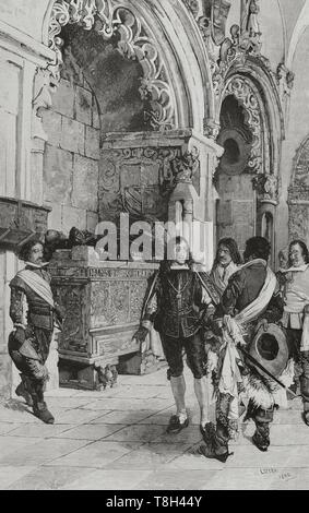 El Rey Carlos II de España, 'el Hechizado" (1661-1700) visitando El Monasterio de San Pedro de Cardeña, en Castrillo del Val (Burgos), España. Gravure par Tomás Carlos Capuz (1834-1899) a partir de un cuadro de Angel Lizcano (1880). La Ilustración Española y Americana, 22 de septiembre de 1881. Banque D'Images