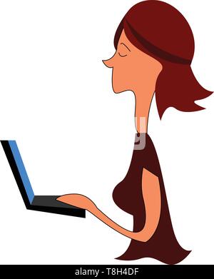 Femme est looking at laptop hand drawn vector design, illustration, sur fond blanc. Illustration de Vecteur