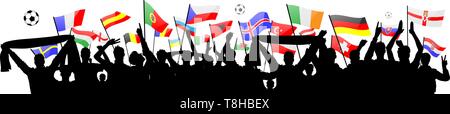 Les amateurs de soccer silhouette aux drapeaux européens Illustration de Vecteur