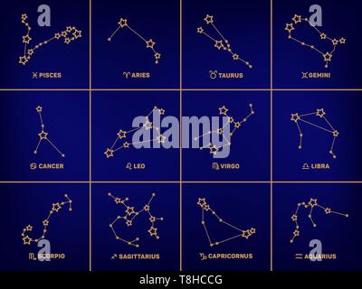 Vector set carré des signes du zodiaque, les étoiles, les constellations la couleur d'or dans un fond bleu foncé. Logo, tatouage ou d'illustration. Prévisions astrologiques, Illustration de Vecteur