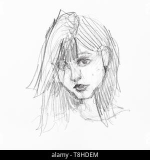 Croquis de tête de jeune fille ordinaire avec rousseur dessiné à la main par crayon noir sur papier blanc Banque D'Images