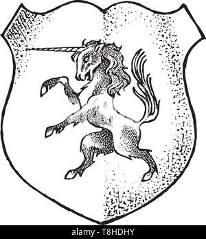 L'animal pour l'héraldique en style vintage. Armoiries gravées avec licorne, créature mythique. Emblèmes médiévale et le logo de la fantasy kingdom. Illustration de Vecteur