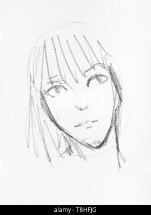 Simple croquis de tête de fille main-dessiné par crayon noir sur papier blanc Banque D'Images