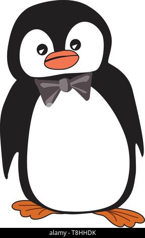 Un mignon petit pingouin portant un nœud papillon gris, Scénario, dessin en couleur ou d'illustration. Illustration de Vecteur