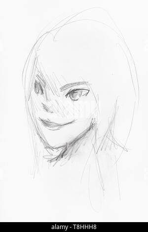 Croquis de la tête de la jeune fille avec visage souriant dans un style d'anime à la main par crayon noir sur papier blanc Banque D'Images