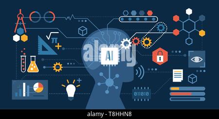 L'intelligence artificielle connectée à un réseau d'icônes : résolution de problèmes, prise de décisions et la productivité concept Illustration de Vecteur