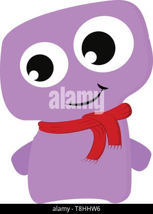 Un mignon petit monstre violet avec une tête en forme de carré portant un foulard rouge, Scénario, dessin en couleur ou d'illustration. Illustration de Vecteur