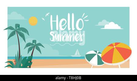 Bonjour les vacances carte postale avec tropical beach, de palmiers et de parasols Illustration de Vecteur